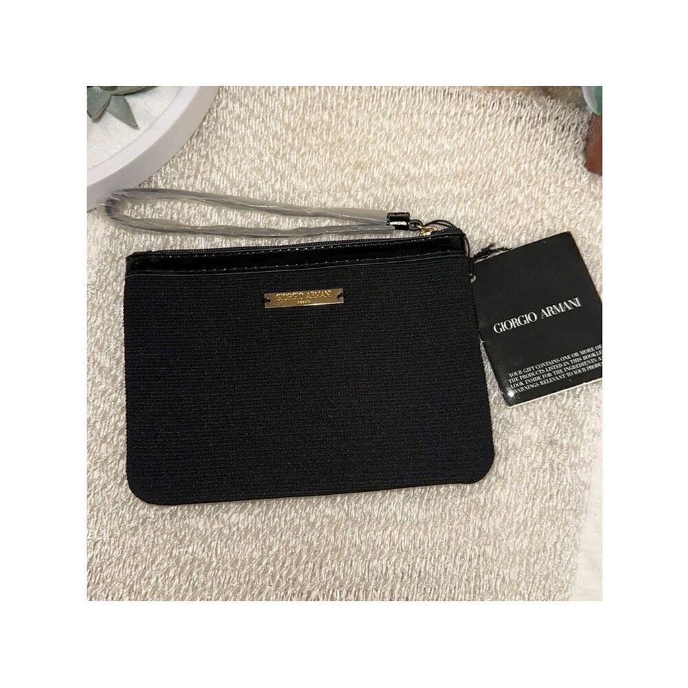 Giorgio Armani Beauty Small Black Leather Trim Soft Cord Knit Ribbed Wristlet